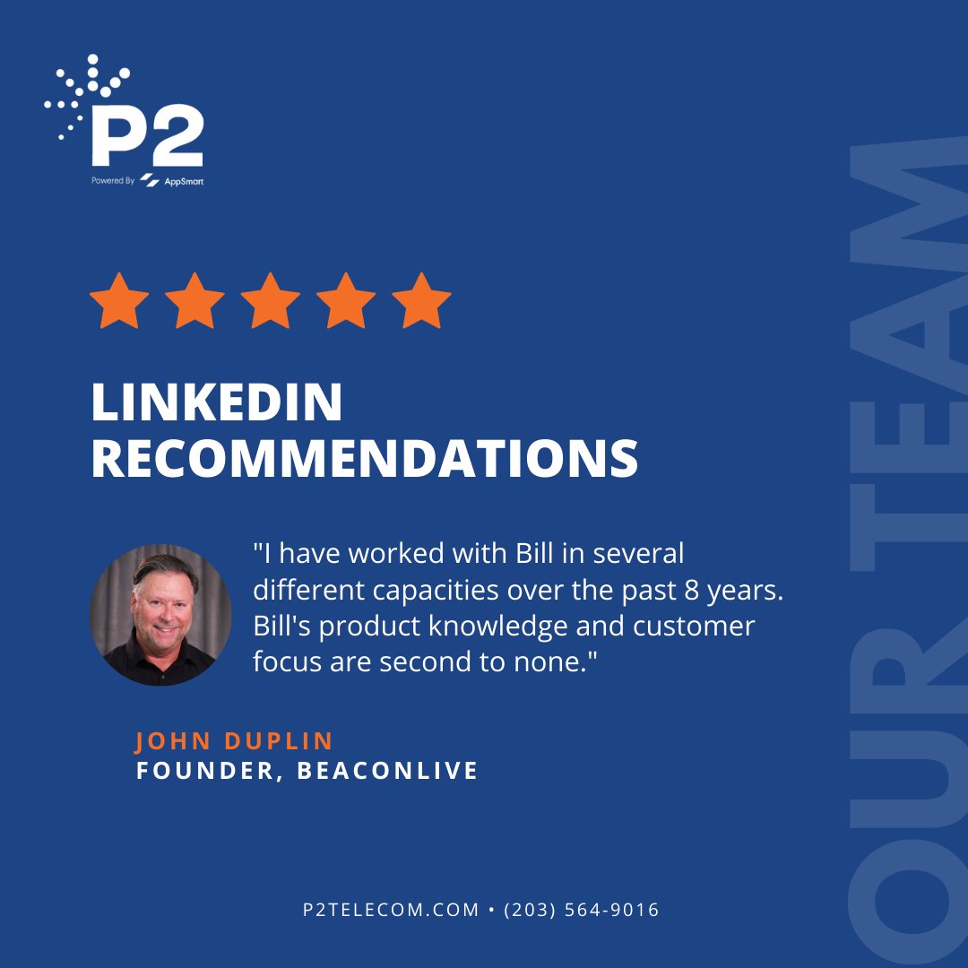 P2TechGroup's tweet photo. "I fully endorse Bill and his organization and will continue to work with him on all my telecom needs." #p2telecom #p2agents #appsmart #channelpartners #telecom #communications #cloud #connectivity https://t.co/4wv0UzX02T
