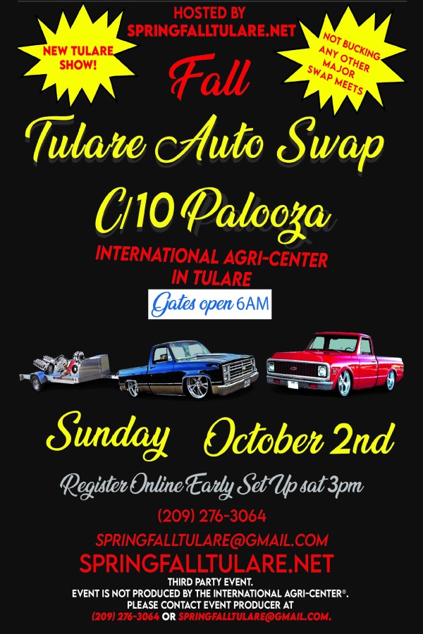 IntlAgriCenter's tweet image. Tulare Auto Swap Meet C/10 Palooza is October 2, 2022! The new event is presented by SpringFallTulare.net. Pre-register online or contact them at (209) 276-3064 or springfalltulare@gmail.com.
#autoswap #swapmeet #classiccar #hamb #c10 #hotrod #ratrod #classic #sponsored #ad