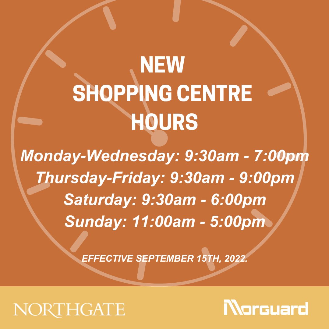 shopnorthgate's tweet photo. Effective September 15th, 2022, the mall will be extending its hours.

Some stores are dealing with staffing issues so please check our website before visiting to see each stores updated hours. We are working together as a shopping centre to get back to regular hours. https://t.co/bIuFYwpBvM