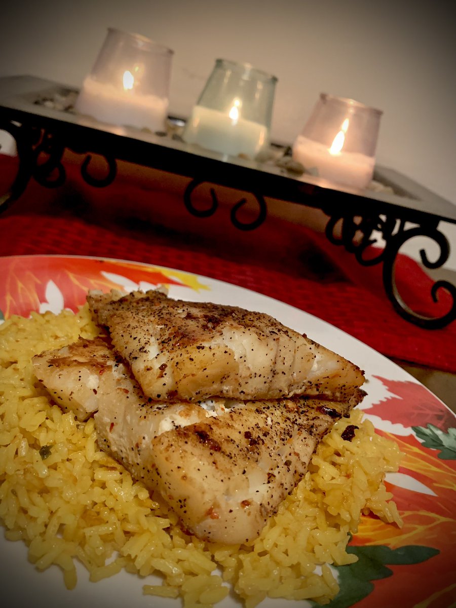 InRepair1's tweet image. Two cod fillets thawed from the freezer fried up with a little butter and blackening spice, then served over a $1.25 bag of seasoned rice from the supermarket. 

It’s gorgeous, and it’s delicious.