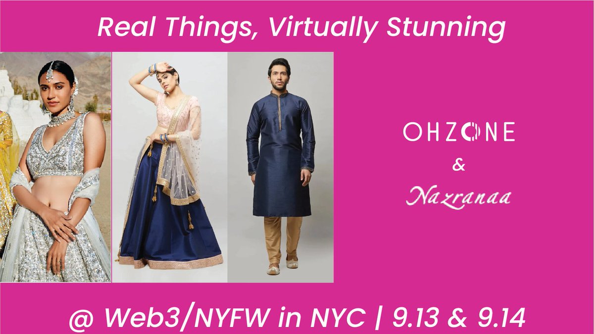 OHZONE_Inc's tweet photo. We are proud to announce our collaboration with fashion brand Nazranaa at this year's Web3/NYFW event on September 13th &amp; 14th from the 69th Floor of the World Trade Center in NYC.

#Nazranaa #fashion #nyfw #web3 #metaverse #nft #crypto #meta #blockchain #digitalfashion #3DReal https://t.co/SLCu6u2u8O