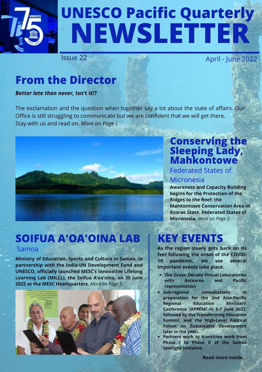 We are pleased to share the 22nd Issue of the UNESCO Pacific Newsletter with you all!

Read it here: unesdoc.unesco.org/ark:/48223/pf0…