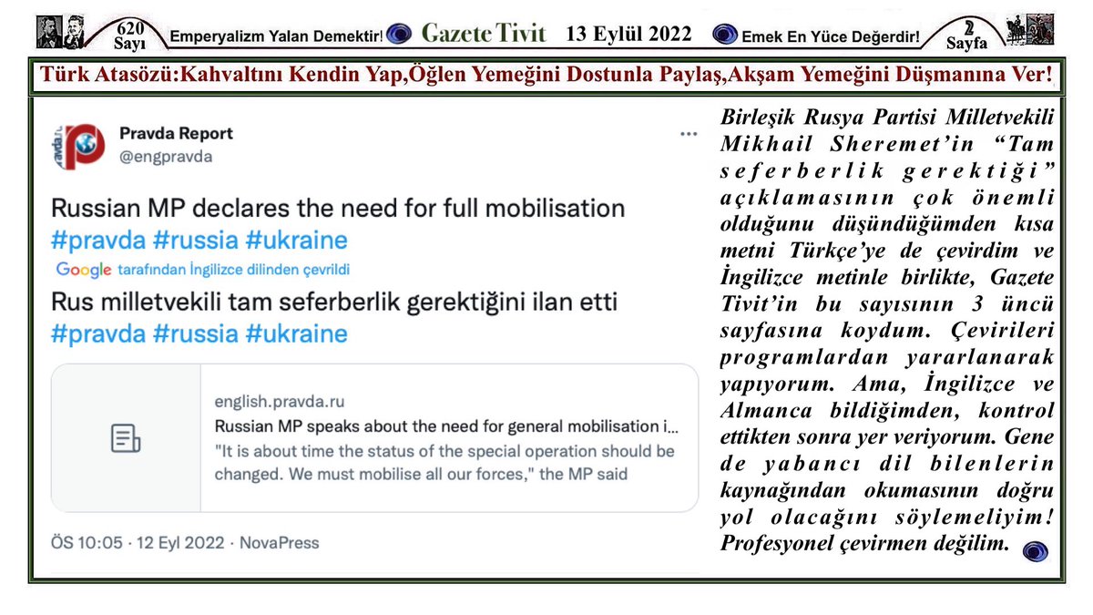 GT1309202262002
Kanımca önemli bir açıklama.Ardından bir tartışma da gelecektir.Hem aşağıda @engpravda'nın çivitini veriyorum,hem de bir sonraki sayfada Mikhail Sheremet'in açıklamasını İngilizce ve Türkçe olarak aktarıyorum. #Pravda #Russia #Ukraine #Rusya #RusyaUkrayna #Türkiye