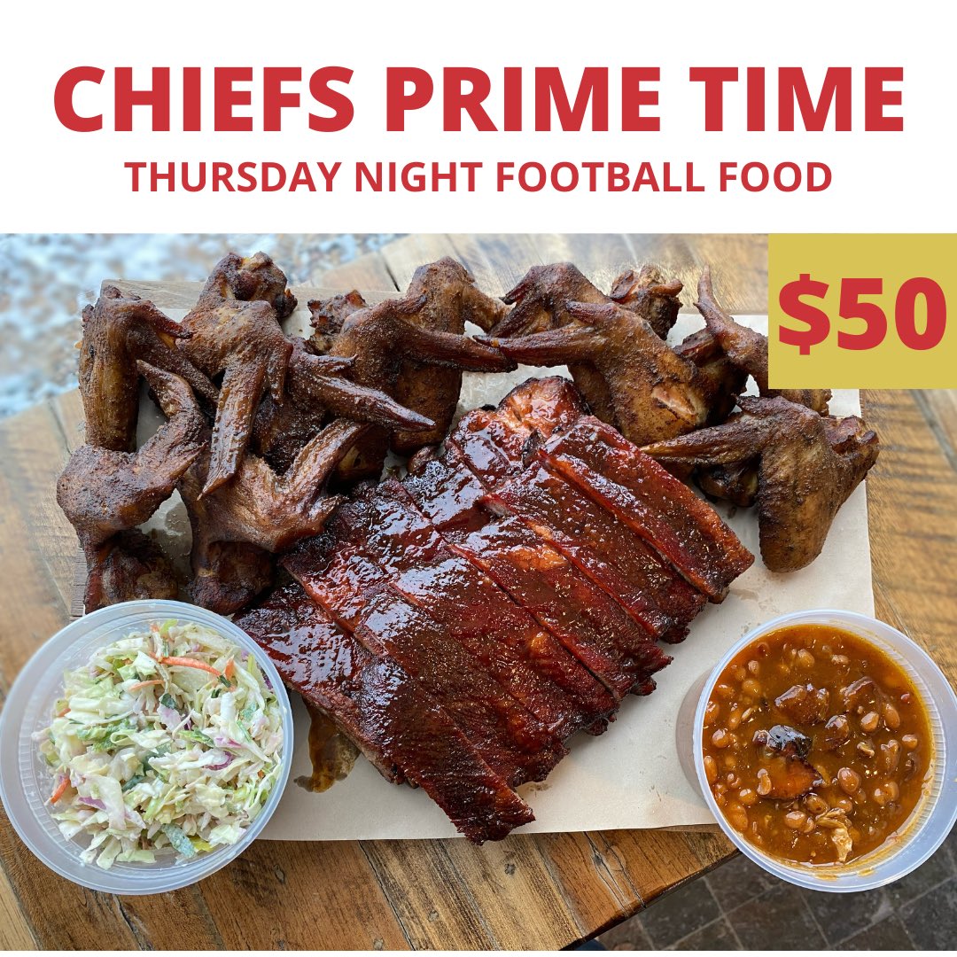 scottskitchenkc's tweet photo. The Chiefs are playing the LA Chargers this Thursday night and we've put together a BBQ package for you to enjoy! 🏈🏈🏈

TNF Package - $50.00!
1 Full Slab of Ribs
6 Wings (Really 12!)
2 Pints of our sides, your choice! 
Savings of $20.00!

Or double your order for $100! https://t.co/d89GsexOzo