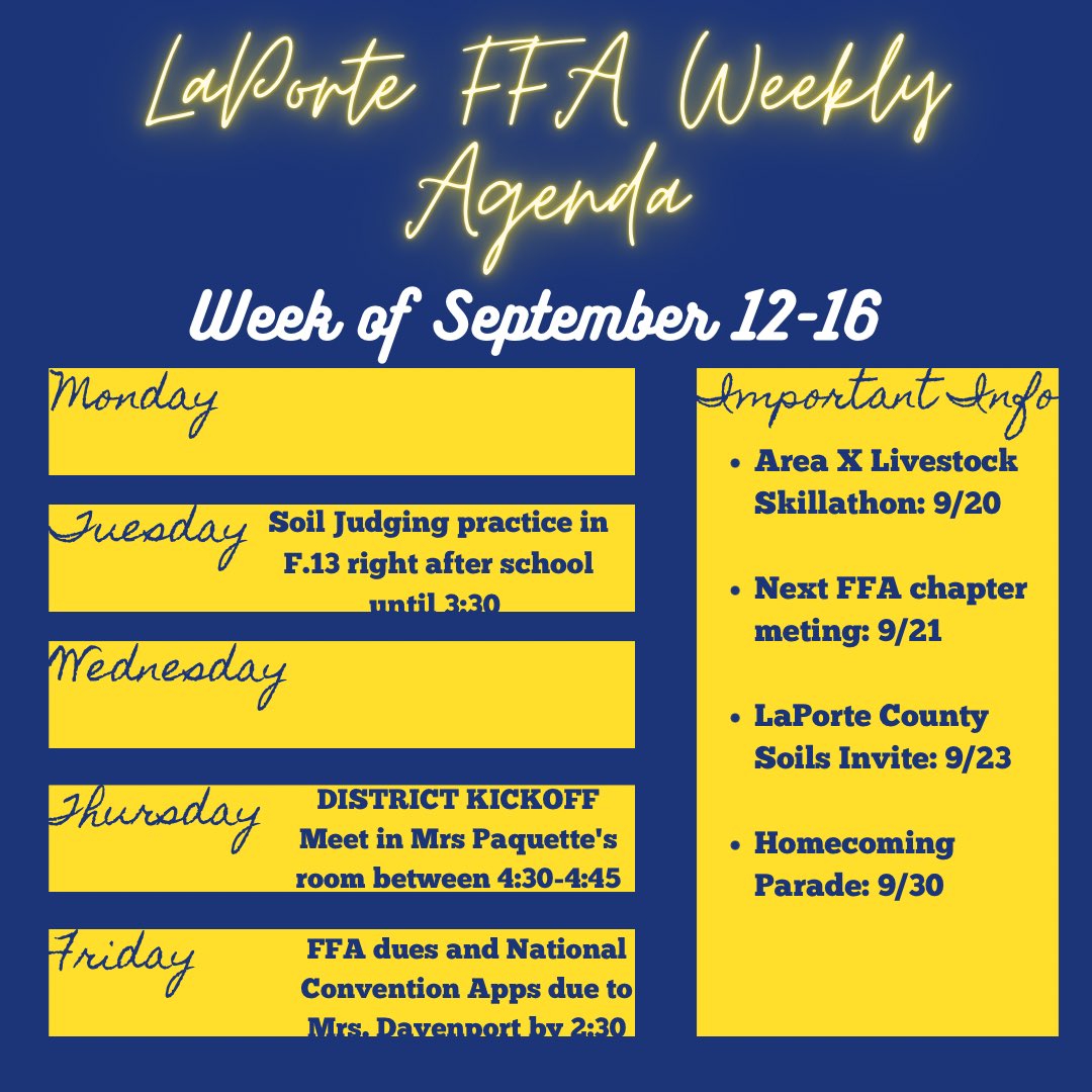 District Kickoff is Thursday, meet in Ms. Paquette’s room @ 4:30. 
•
FFA dues are due Friday. You MUST pay your dues to attend any of the field trips!
•
Members who signed up for SOAR, check your email. You AND your parent must sign the waiver.
•
Ask us if you have questions.