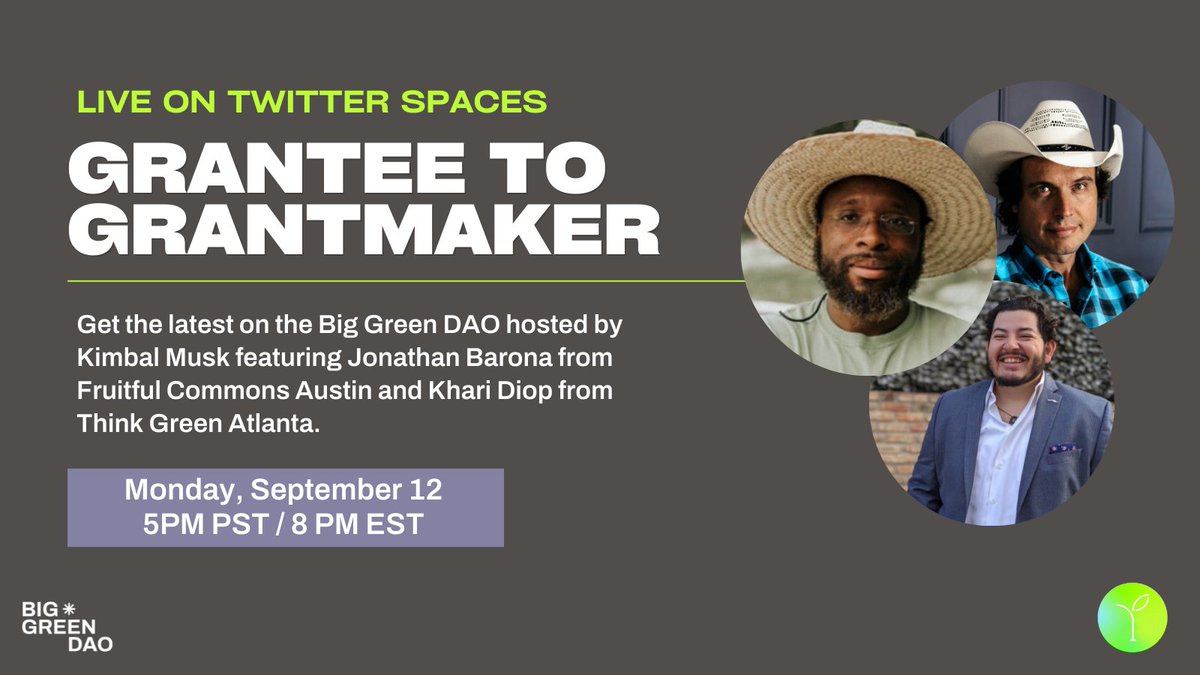 biggreen's tweet photo. TONIGHT! Find out how the #BigGreenDAO gives grants and voting power to non-profit leaders across America live on @TwitterSpaces.
 
TUNE IN: https://t.co/q313fClCZQ https://t.co/q4C8DSO3zc