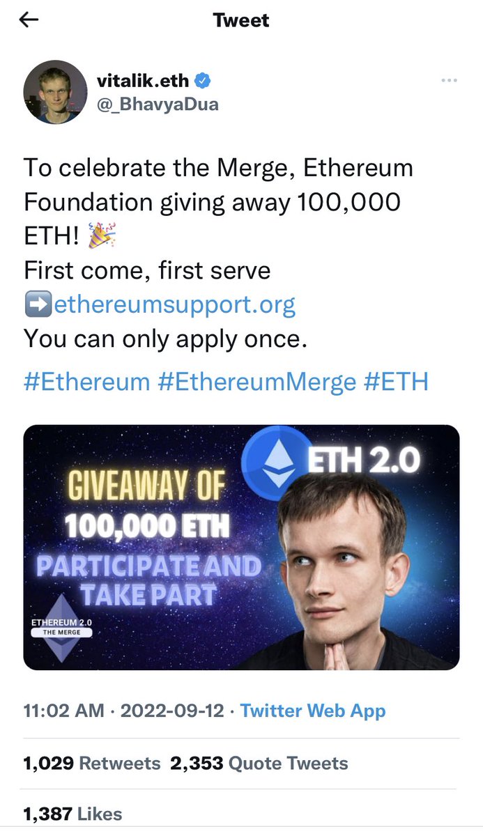 🚨 Everyone please be careful with the merge coming there is SOOO MANY SCAMS. From telling  you have to click this or that to prepare for the merge or scams like this one.. That is not Vitalik’s account. Scammers will stop at nothin. You should stop before everything and check 🚨
