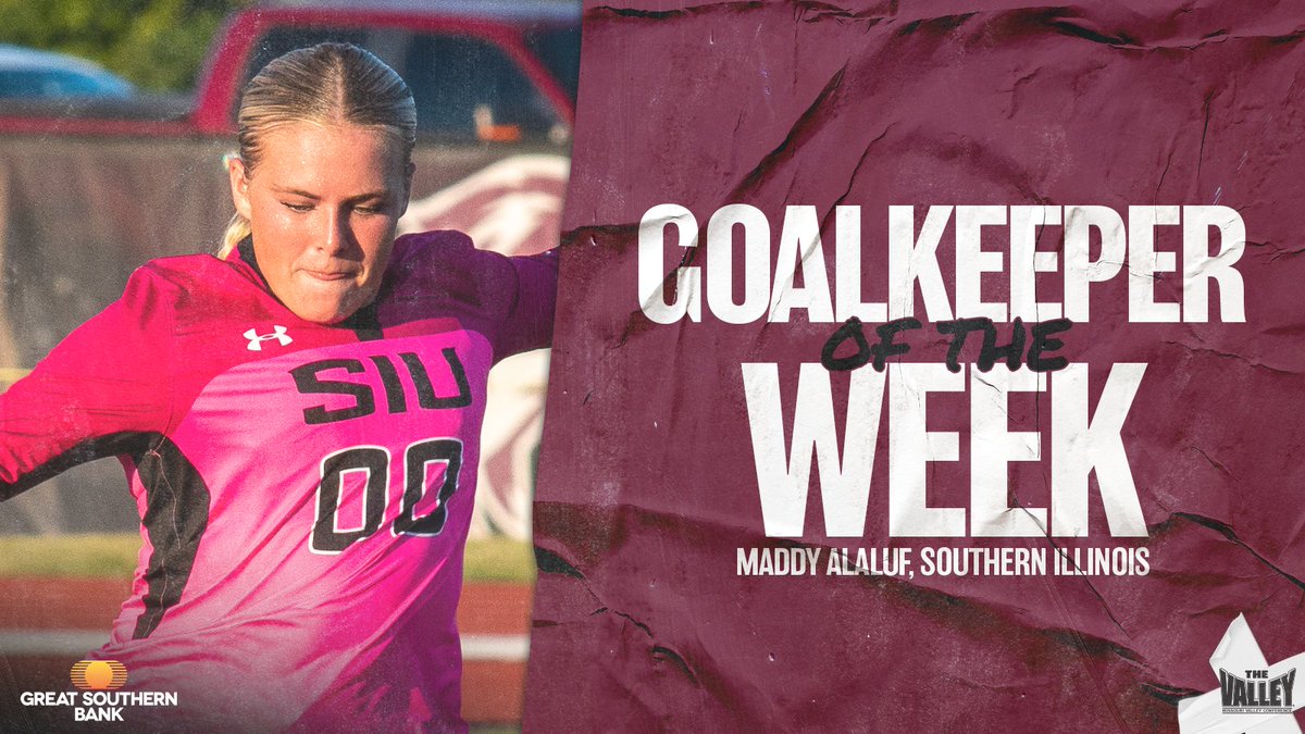 Goalkeeper of the Week ⫸ Maddy Alaluf, <a href="/SIU_Soccer/">Saluki Soccer</a>

▪️ Conceded just one goal in two Saluki matches last week.
▪️ Had 14 saves in those matches, including 11 in a 1-0 shutout over Southeast Missouri State.

Great Southern Bank | #TheValleyRunsDeep