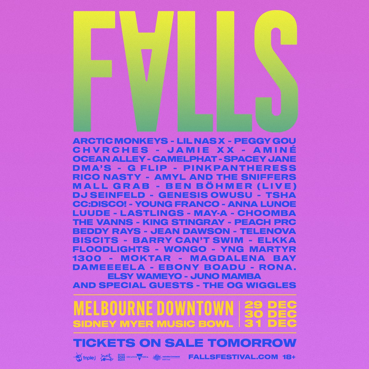 Please welcome Falls Downtown Melbourne to the mix! 
We are relocating Falls Festival Birregurra to the Sidney Myer Music Bowl! Dates &amp; lineup will stay the same. More info on our website

Tix to Falls Downtown Melbourne on sale 9AM AEST Wed 14 Sep at fallsfestival.com💥