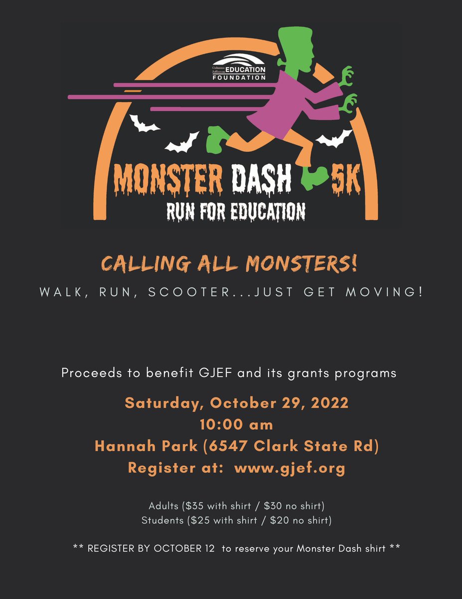 Register now! Monster Dash 2022!! Run for Education!  one.bidpal.net/2022monsterdas…
<a href="/gjef4kids/">gjef4kids</a> <a href="/GahannaJeffersn/">Gahanna-Jefferson</a>