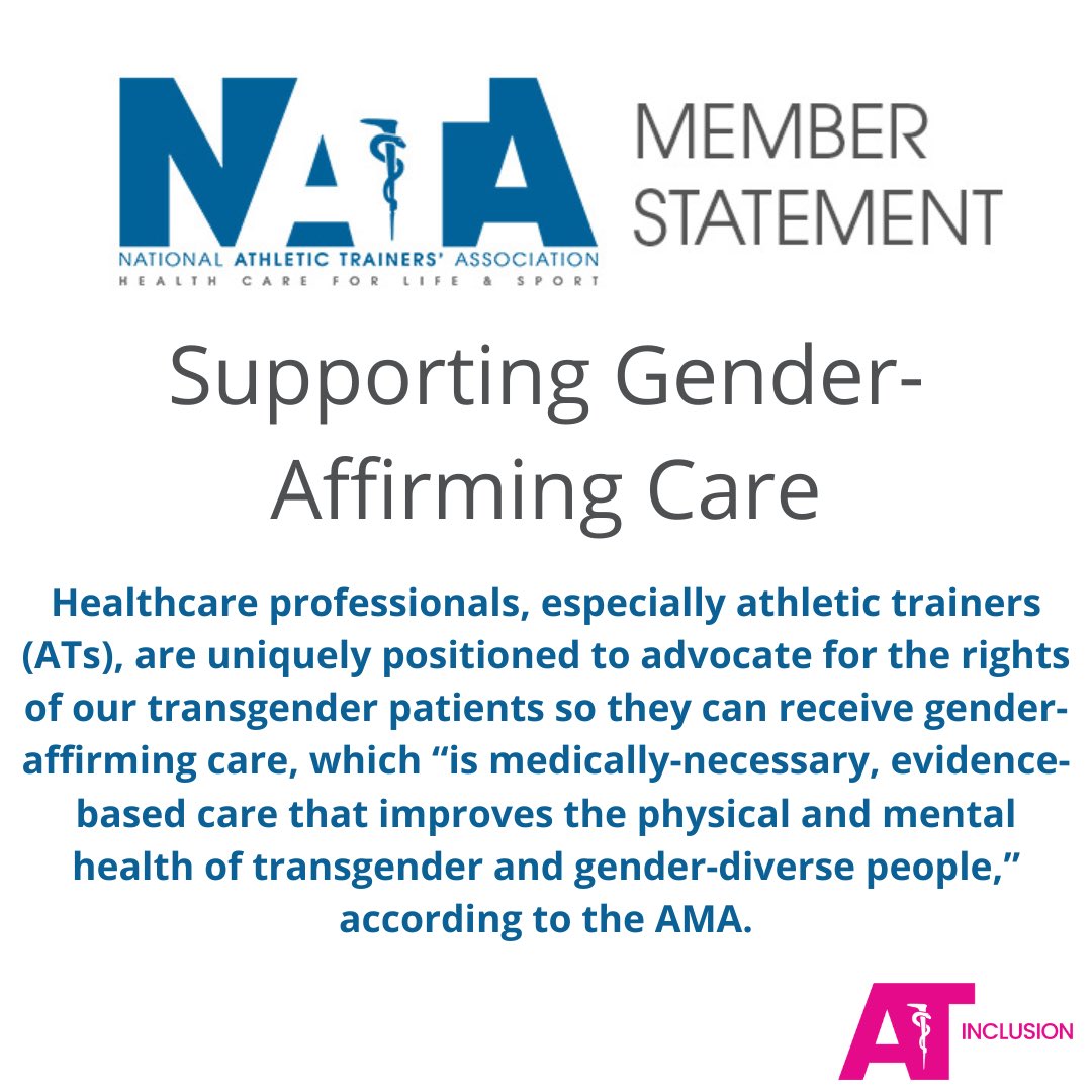 LGBTQNATA's tweet photo. Have you seen the @NATA1950 recent statement on Gender-Affirming Care? It is crucial that we as ATs support and advocate for gender-affirming care for all our transgender and gender-diverse patients https://t.co/fxv1T0y2cT https://t.co/SEKLxSqVlP