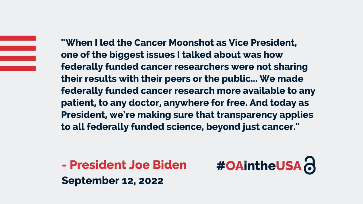 In his remarks just now on the Cancer Moonshot, @POTUS raised research sharing as 'one of the biggest issues' necessary to speed discovery and highlighted his administration's work to ensure 'transparency applies to all federally funded science.' #OAintheUSA