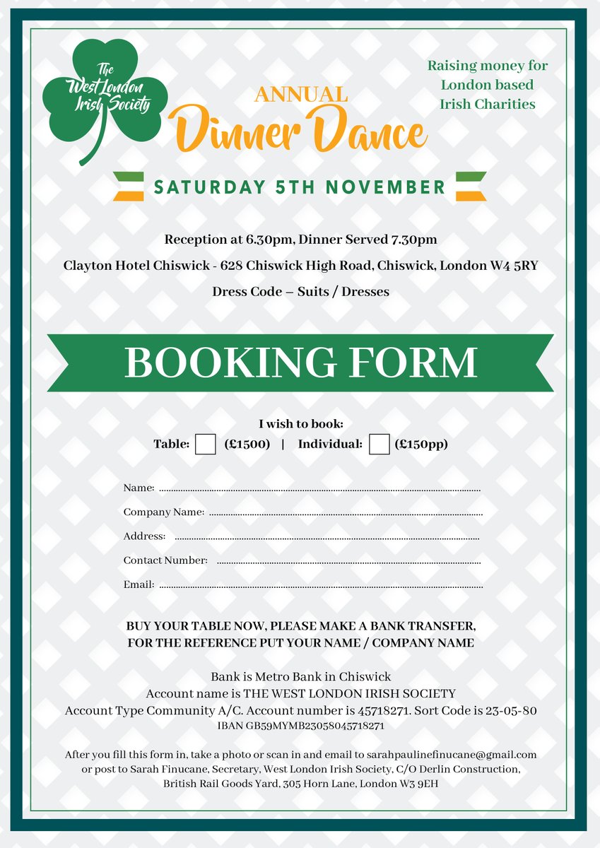 thecraicisback's tweet photo. WEST LONDON IRISH SOCIETY  2022 fundraising dinner dance will be raising funds and awareness for 
@MyICCLondon 
@icap1 
@IYFUK 
#ActonHomelessConcern
@_AislingF 
Sat 5th November at the Clayton Chiswick Hotel, 4-course dinner with wine/beer + music from The Barry Own Band https://t.co/YTLnyMZG5W