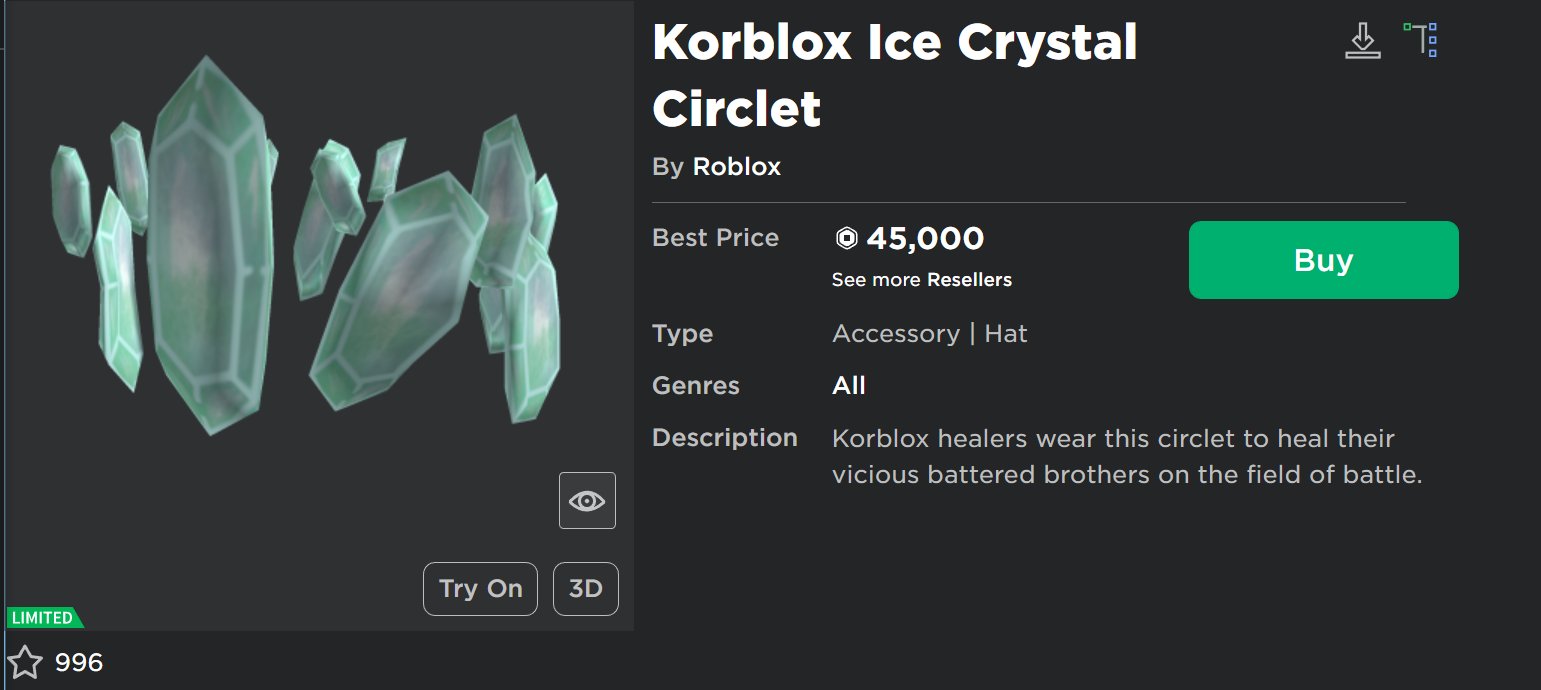 EventHunters - Roblox News on X: Korblox Ice Crystal Circlet just went  Limited! #Roblox   / X