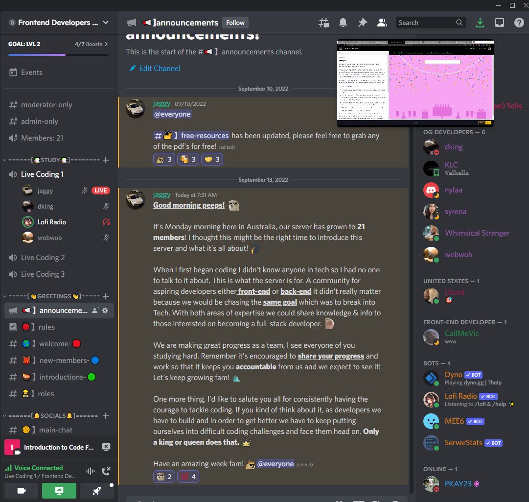 codingaussie's tweet image. A sneak peak into our Front-End Developers Discord 👀

Don't be afraid to hit my DMS if you're an aspiring front-end developer trying to break into Tech! 

I'm a Jr Web Developer learning HTML/CSS/JS! 👨‍🎓

#100DaysOfCode #100daysofcodechallenge #FrontEndDeveloper #Coding