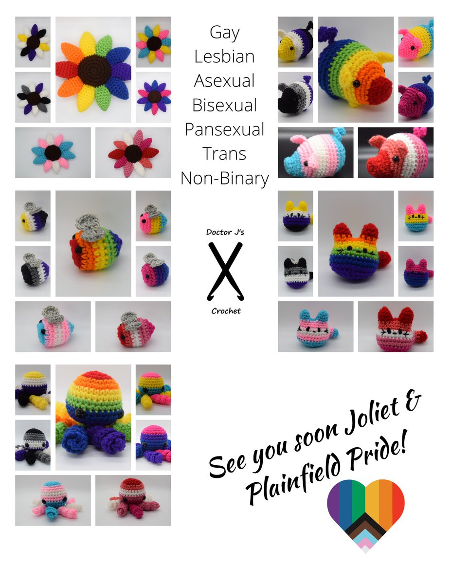 DoctorJCrochet's tweet photo. Core stock for our two in-person events is finalized! Pride pigs, octopi, bees, kitties, and sunflowers! Hope to see some of you at Joliet Pride Fest this week or Plainfield Pride at the PARC next month!

#pride #lgbtqia #lgbt #crochet https://t.co/khg2rPHRa5