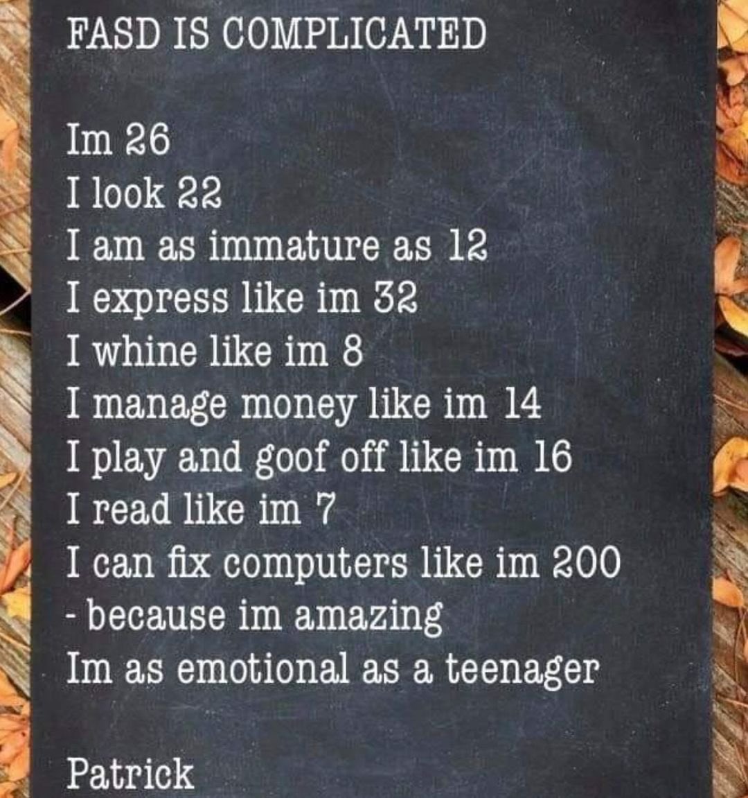 JayEhSon's tweet photo. #FASDStrong people suffer from dysmaturity-an inability to act their physical age. It is vitally important that people use a “stage, not age” approach &amp; meet FASD kids at their level

Remember that #FASD is a spectrum disorder so this looks different for every person https://t.co/wBEFor4NK0