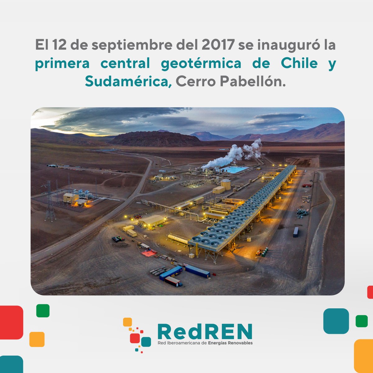 💬¿Sabías que...
Un día como hoy, hace 5 años, se inauguró la primera central geotérmica de Chile 🇨🇱 y la primera de su género en Sudamérica❓

📍La central Cerro Pabellón de las empresas Enel Green Power y ENAP se ubica en la comuna de Ollague, Antofagasta a 4.500 m.s.n.m.