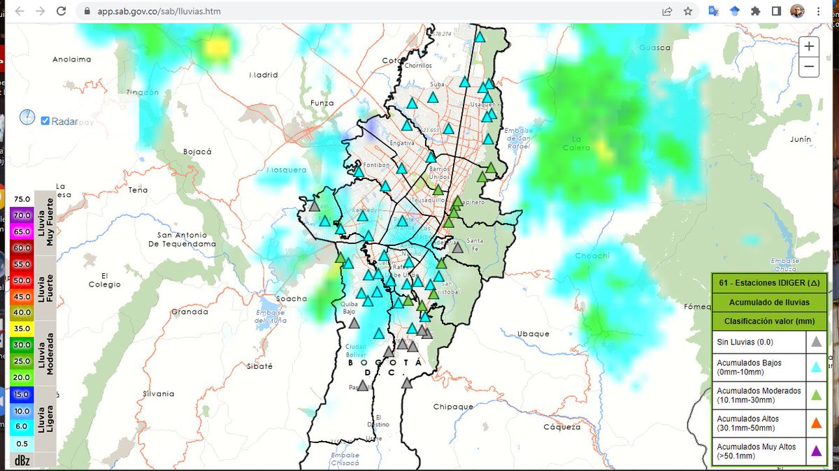 DaniAlejandroM's tweet photo. Me acabo de enterar que hay una app de la alcaldía de Bogotá que informa en tiempo real en qué parte de Bogotá está lloviendo 🌧️⛈️ y la intensidad de la lluvia 👇

Bastante útil☔️
https://t.co/7cCIejOyHK https://t.co/kbo6YSnkr5