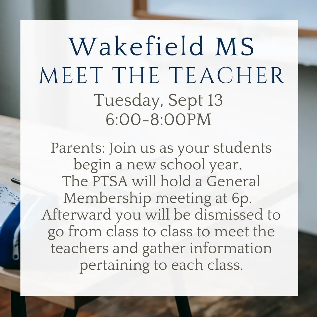 WakefieldMiddle's tweet photo. TOMORROW NIGHT-Tuesday, Sept 13th beginning at 6p.
Come out to meet our new Principal, Mrs. Brown.
@KileyB_WMS @NorthernAreaWC  @WCPSS https://t.co/kTc1YvHq54