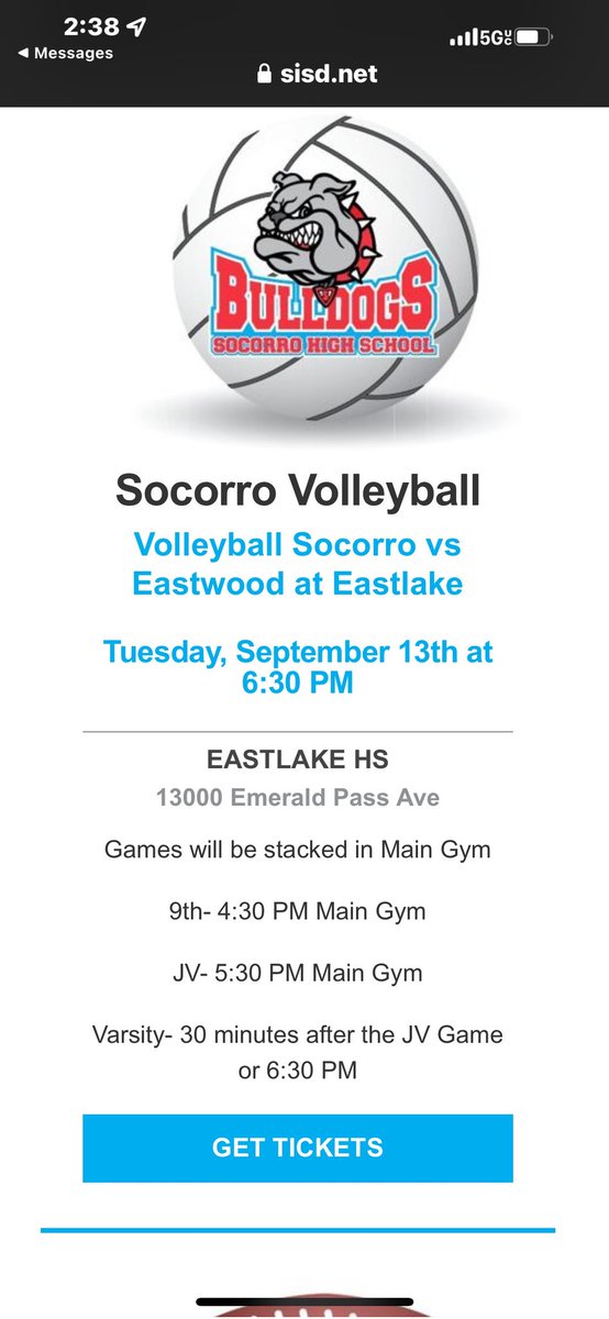 Tomorrow's game is at Eastlake  vs Socorro  please use link to get tix