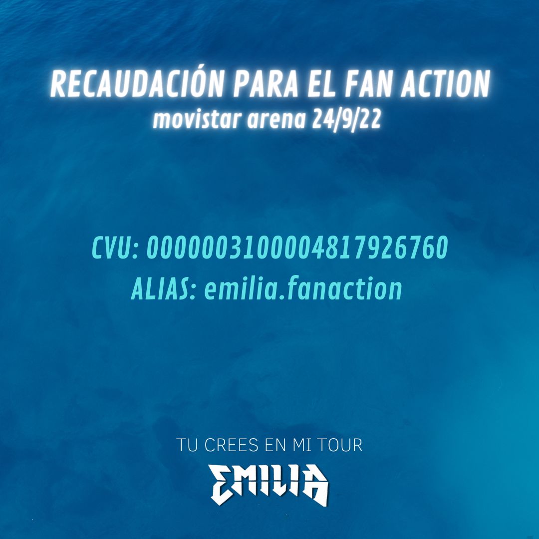 emupdate's tweet photo. EMILIERS estamos recaudando fondos para poder terminar de preparar todo para el fan action del Movistar Arena, cualquier aporte ayuda🫶

cvu:0000003100004817926760
alias:emilia.fanaction https://t.co/pwSBrHAr2d