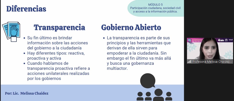 InfoCdMex's tweet photo. La Comisionada de este Instituto, @navysanmartin asiste a la clase de @MeliChaidez, coordinadora del Núcleo de la Sociedad Civil para el #GobiernoAbierto en México, quien imparte el Módulo 5 de la 12ª edición del Diplomado virtual 2022 #INFOCDMX y @CECAD_UAMX. 
#CapacitaciónINFO https://t.co/Rb5B8uE64f