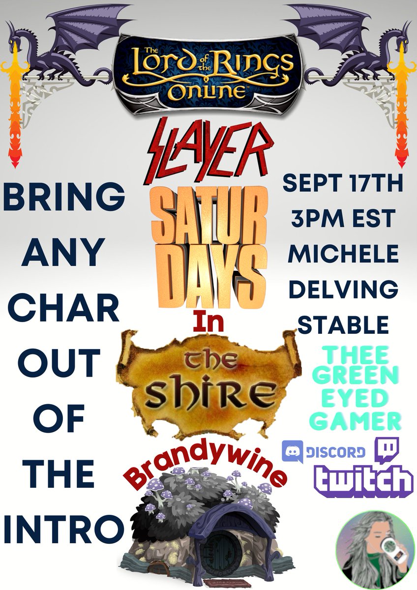 Jessica13691067's tweet photo. 🪙  Slayer Saturday 
➡️ Shire Slayers &amp; Discoveries
🧙‍♂️ Bring ANY char, level, race, or class 
🗓️ September 17th
🕒 3PM EST
🌎 Brandywine
🗺️ Meet @ Michel Delving Stable, Shire
👩‍💻 Live @ https://t.co/2zYg001How
#lotro #lotrofamily #slayersaturdays #mmorpg #twitch  #F2P https://t.co/5o5kH0tmzT