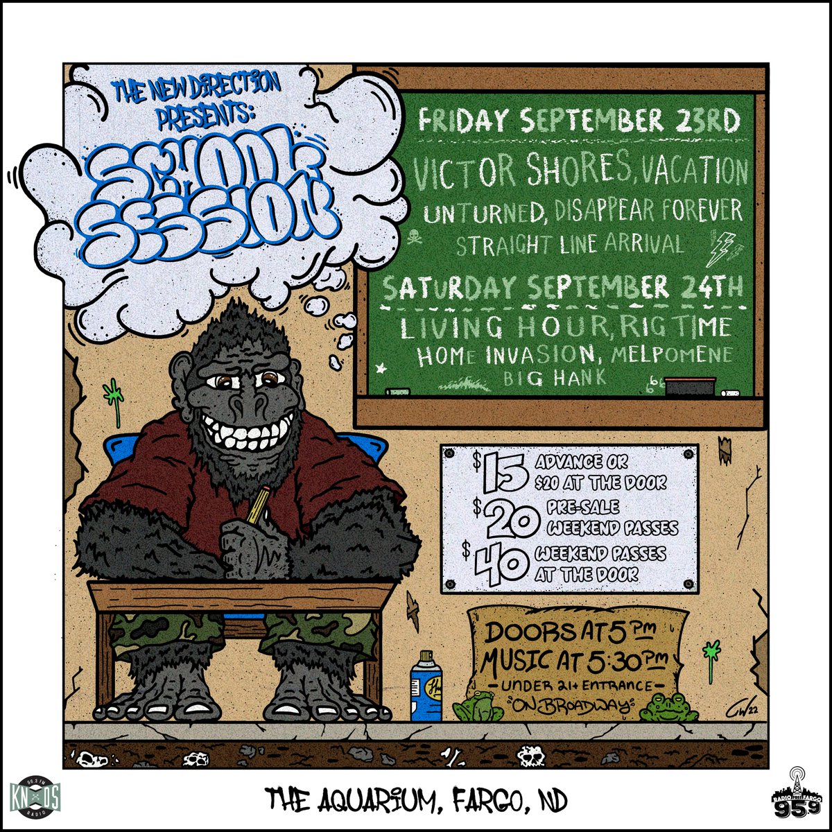Think you're 4 kool 4 skool? Think again! KNDS is proud to sponsor New Direction's School Sessions on Friday, September 23 and Saturday, September 24. Head down to the Aquarium, located in the heart of downtown Fargo, to jam with the coolest bands on campus!