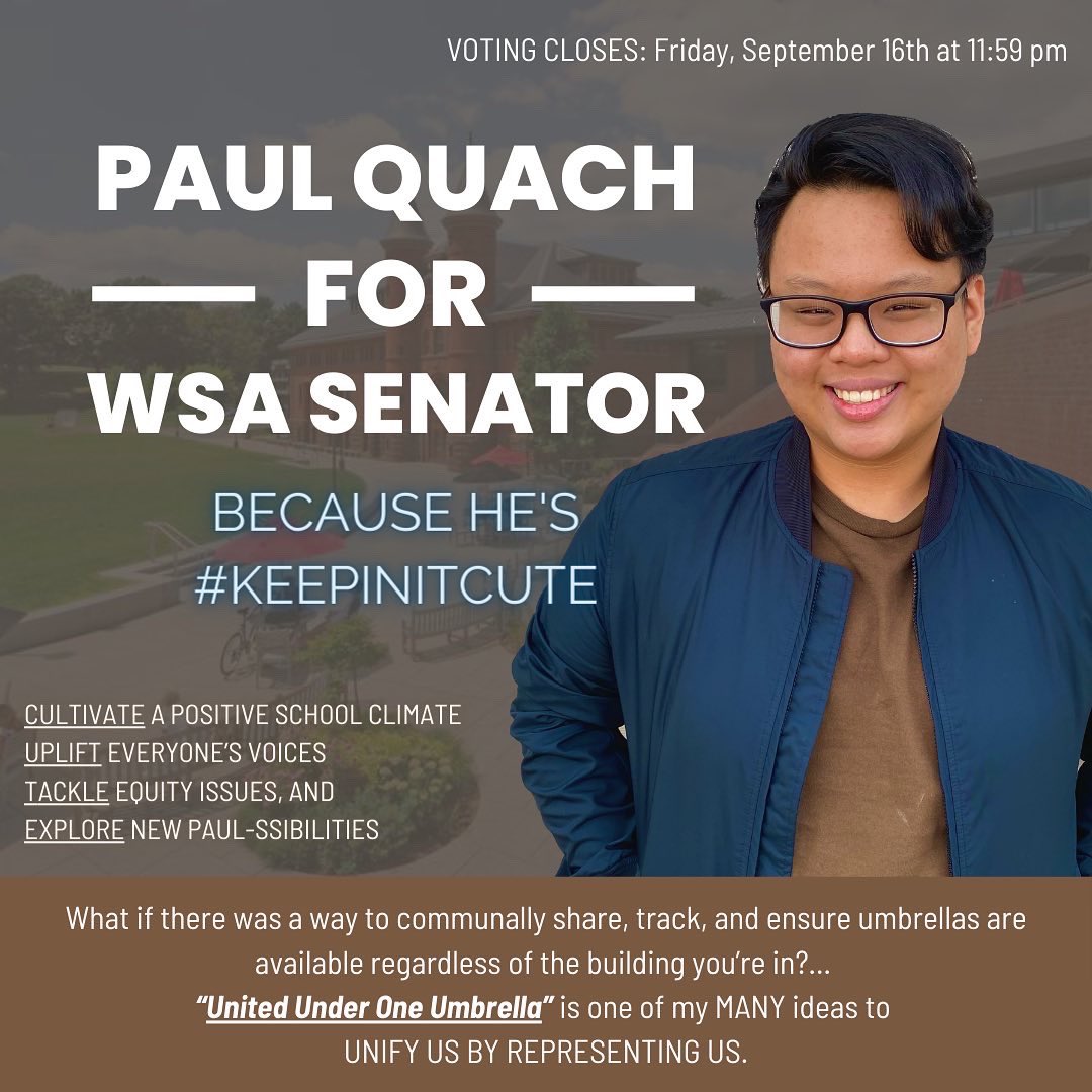 Paaauly_77's tweet photo. Vote PAUL QUACH as one of your Wesleyan Student Assembly Senators! Heโs #KeepinItCUTE https://t.co/d3xRIlpT9l