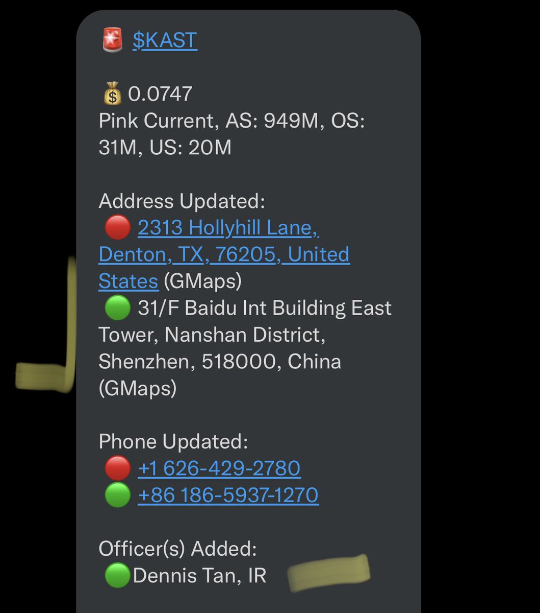 MrWayneTrades's tweet photo. $KAST More updates. Officers and address on OTCM. Dennis Tan now handling IR. Same Tan that handles investor relations for MingZhu Logistics Holdings $YGMZ. 

$KATX next. https://t.co/3PQCRaSTgV