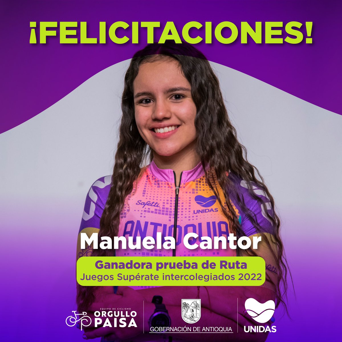 ¡El ciclismo de Antioquia tiene futuro! 💜💚

Felicitamos a Manuela Cantor, integrante del equipo Orgullo Paisa quien hoy ganó la prueba de ruta de los Juegos Intercolegiados 2022. 🏅🚴🏼‍♀️

#AntioquiaEnBici. 

<a href="/GobAntioquia/">Gobernación de Antioquia</a> <a href="/OrgullPaisa/">Orgullo Paisa</a>
