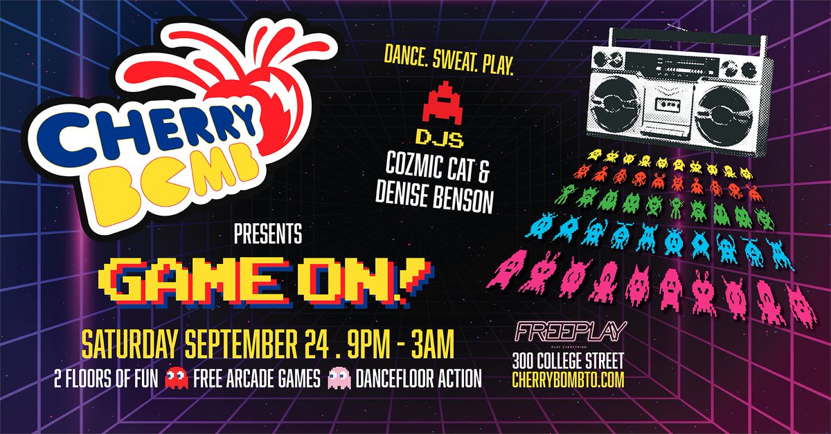CherryBombTDOT's tweet photo. GAME ON! We are at it again :-) Saturday Sept 24 we present a CB social and dance party. 2 floors of fun. Unlimited arcade games. Unlimited dancing. B2B sets by @djcozmic &amp; @djDeniseBenson all night long. $10 at door before 11pm, $15 after. #queerarcade #queertoronto #2SLGBTQ https://t.co/91cFHfR0Fw