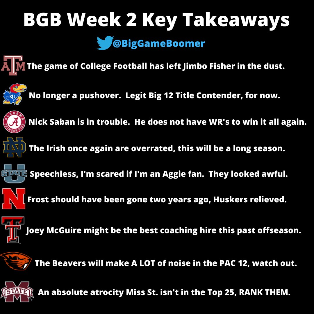BigGameBoomer's tweet photo. College Football - Week 2 Key Takeaways https://t.co/TxYzvs55rh