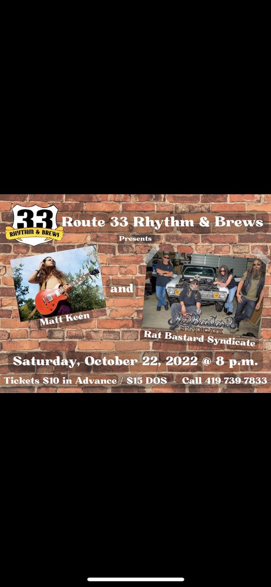 RBS_Original's tweet photo. Join us with Matt Keen for a night of mind blowing music 🤯 at THE BEST roadhouse in the country! 
🎸Saturday, October 22nd 🥁 8:00 pm 🎤 Call 419-739-7833 for tickets!
#ratbastardsyndicate #mindblowingmusic #bethere #livemusic @keithdrummer69 @theLennardJames @Metlking https://t.co/PC7rFUdl3N