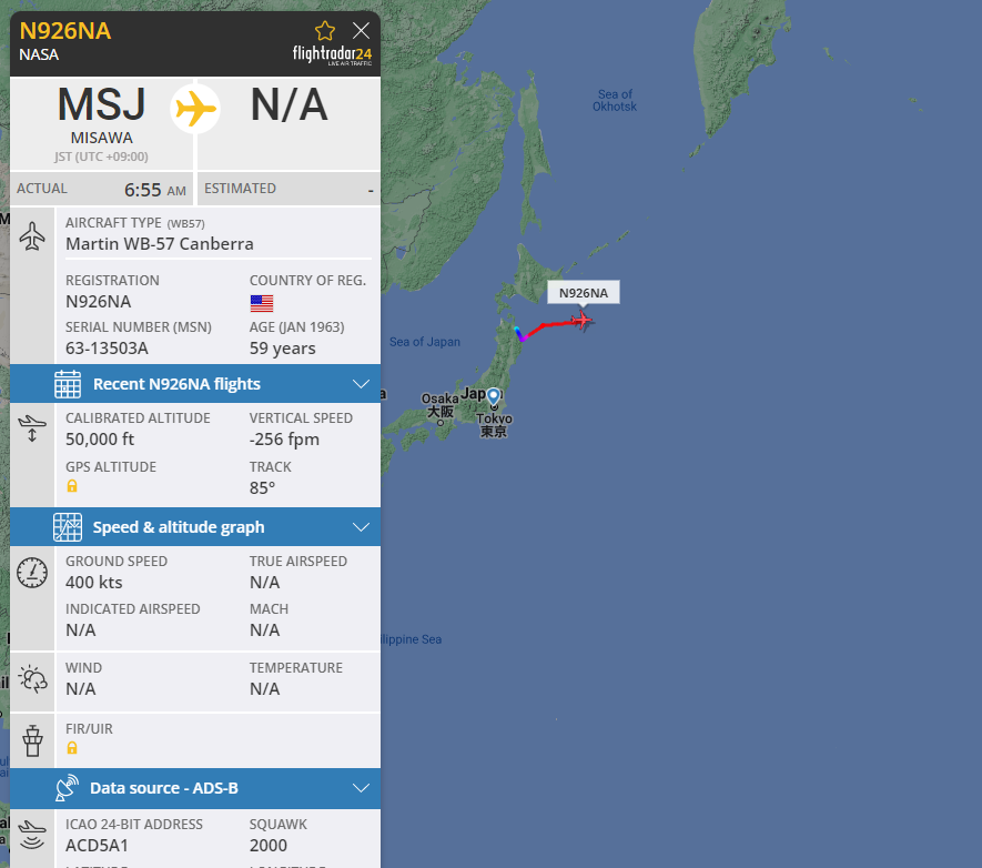 MeNMyRC1's tweet photo. Nasa WB-57 N926NA is outbound from Misawa AB headed for home and de-integration of the #ACCLIP climate package. Adak is about 5.5 flight time. Last time, they stayed the night after flying Elmendorf to Adak when they deployed Eastbound. https://t.co/BVCMOVhgDm