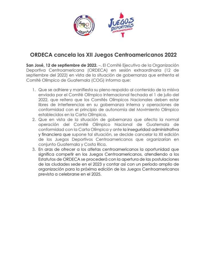🚨 Ultima hora 🚨 ORDECA decide CANCELAR los Juegos Deportivos Centroamericanos de Octubre y Noviembre en sedes compartidas Guatemala-Costa Rica
