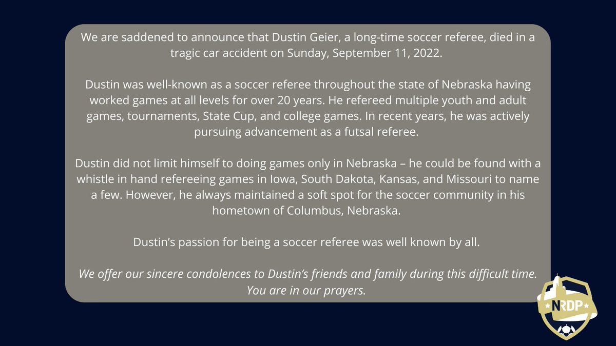 NRDP_Soccer's tweet photo. Sad news to relay this evening as we have lost a member of our NRDP community. Our thoughts are with Dustin's friends and family, both on and off the pitch. https://t.co/nroPp3SAxL
