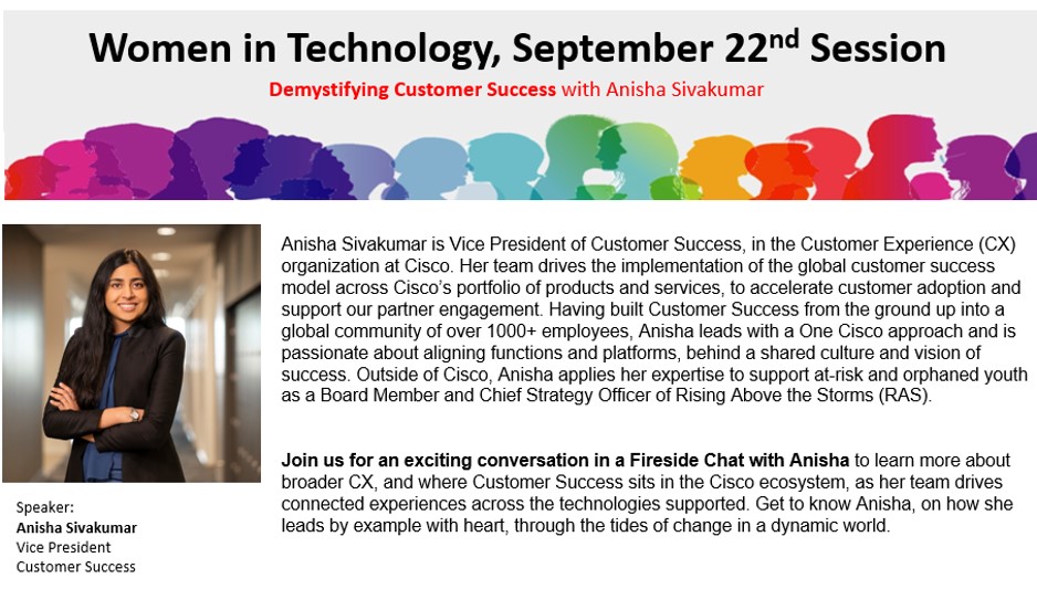 cisco_wit's tweet photo. Join us for the fireside chat with @AnishaSivakumr on Demystifying Customer Success for our September #WIT event!!!
#LoveWhereYouWork #WeAreCisco #WomenInTech #CiscoWIT #Leadership https://t.co/XpgJBRIumz