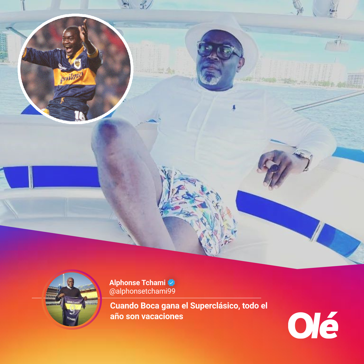 🇨🇲🇸🇪 Alphonse Tchami, ex delantero camerunés que jugó en Boca en los 90, festejó la victoria en el Superclásico fumando un habano en un yate en las costas de Miami Beach

💬 "Cuando Boca gana el Superclásico, todo el año son vacaciones"
