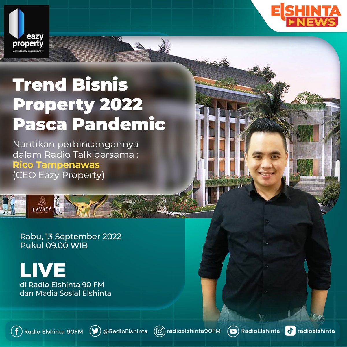 RadioElshinta's tweet photo. Pandemi Covid 19 yg belum berakhir  berdampak  pada berbagai sektor dan pandemi ternyata justru melahirkan peluang besar dalam bisnis property yang terus berkembang.

Lalu bagaimana strategi untuk memanfaatkan momentum tanpa perlu mengeluarkan modal besar? 

#ElshintaUpdate https://t.co/Qq6vSLkt5h