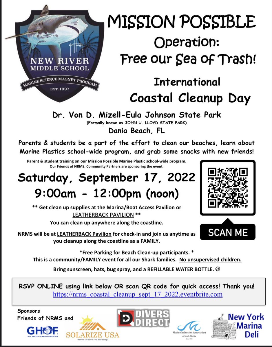 ScubaKateO's tweet photo. Hey @NewRiverMiddle Shark Families! Come join us on Saturday for International Coastal Clean up! Help take care of our backyard! 🦈♻️🙌🏼 https://t.co/NOTTRbtXCF