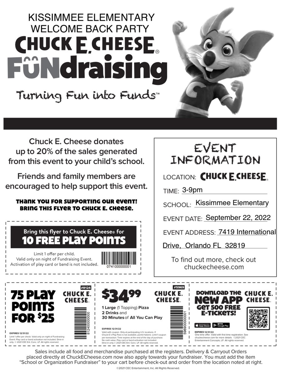 KMES families, come join us for our PBIS Spirit Night on Thursday, September 22 from 3-9 pm at Chuck E. Cheese! Bring the attached flyer (students received this last week) and KMES will receive 20% back from the nights sales! We can’t wait to see you there! #kmesbearcubs