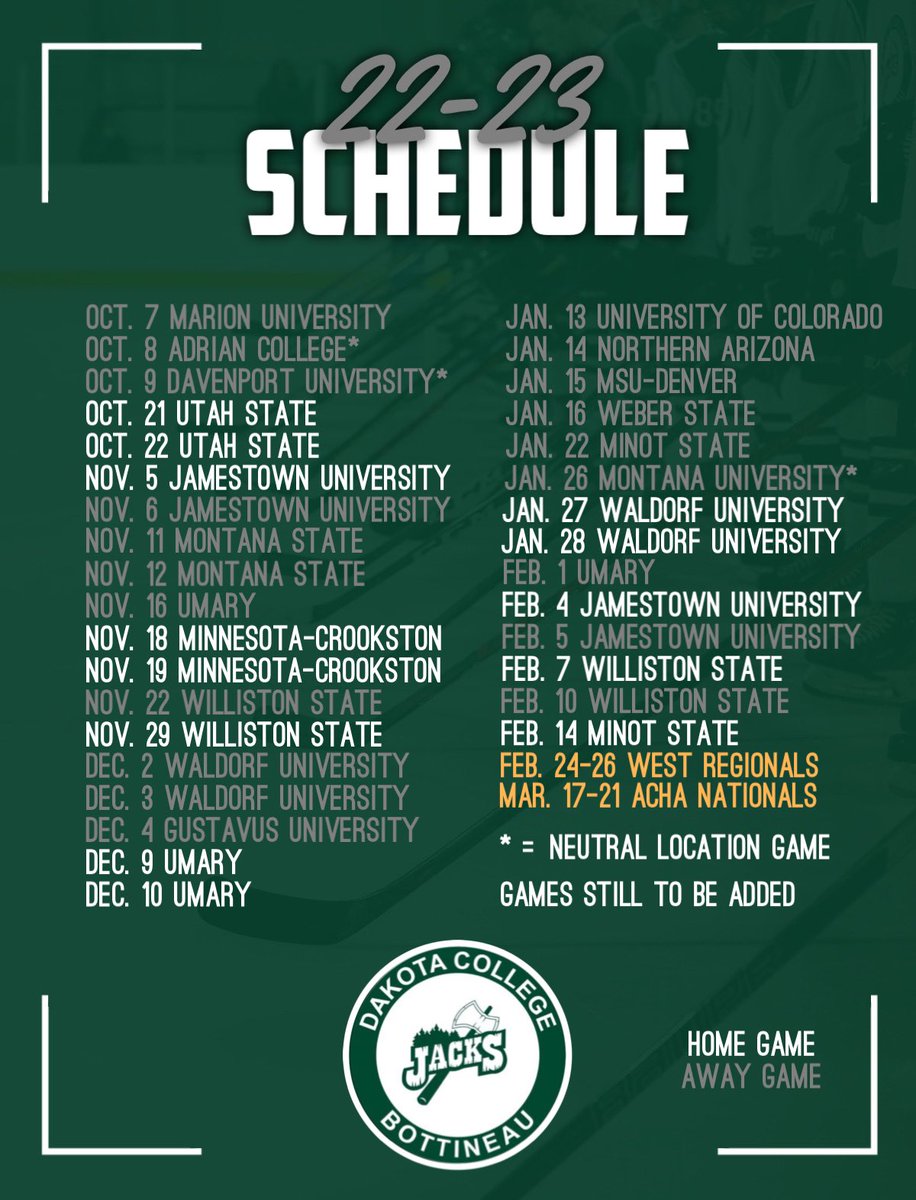 DCB_MHockey's tweet photo. Check out the Lumberjacks 2022-23 schedule!

Highlights:
-Action starts Oct. 7 in Wisconsin!
-Home opener Oct. 21 as we welcome Utah State to the Lumberdome!

*Games are still to be added to the schedule*

#LLTL🪓 https://t.co/hpU0SBiGT7