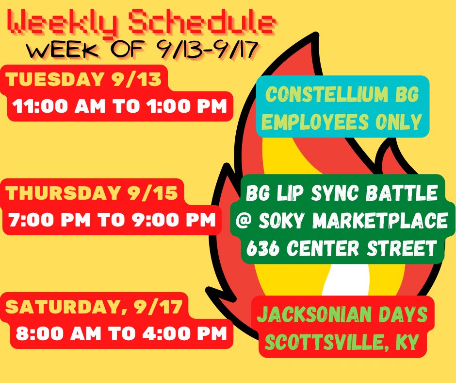 BigAlsHOTDAMN's tweet photo. The schedule for the week! The weathers gonna be cool, but we’re gonna stay HOT if that’s how ya like it!
#bigalshotdamnchicken #hotdamn #bowlinggreenky #bgky #bgkyfoodtrucks #kyfoodtrucks #bgtight #buylocalbg #bestofbowlinggreen2022 #bestfoodtruck https://t.co/4PIr9CFIXH
