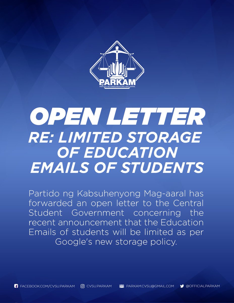 OfficialParkam's tweet photo. OPEN LETTER RE: LIMITED STORAGE OF EDUCATION EMAILS OF STUDENTS
PARKAM has forwarded an open letter to the Central Student Government concerning the recent announcement that the Education Emails of students will be limited as per Google's new storage policy.
#PARKAM
#PARKAM2022 https://t.co/K758VWRAOY