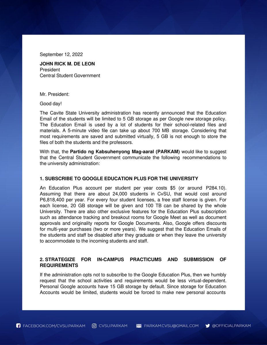 OfficialParkam's tweet photo. OPEN LETTER RE: LIMITED STORAGE OF EDUCATION EMAILS OF STUDENTS
PARKAM has forwarded an open letter to the Central Student Government concerning the recent announcement that the Education Emails of students will be limited as per Google's new storage policy.
#PARKAM
#PARKAM2022 https://t.co/K758VWRAOY