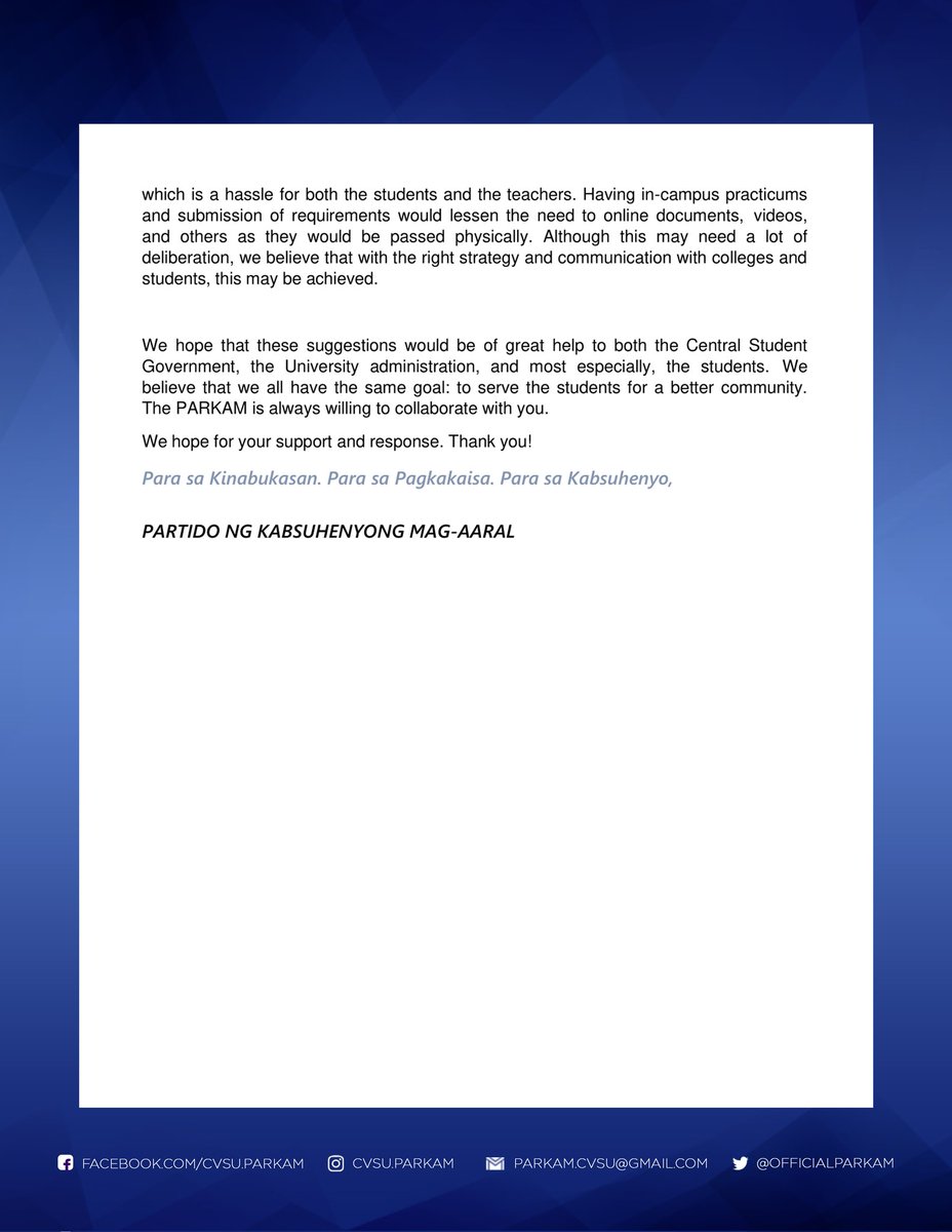 OfficialParkam's tweet photo. OPEN LETTER RE: LIMITED STORAGE OF EDUCATION EMAILS OF STUDENTS
PARKAM has forwarded an open letter to the Central Student Government concerning the recent announcement that the Education Emails of students will be limited as per Google's new storage policy.
#PARKAM
#PARKAM2022 https://t.co/K758VWRAOY