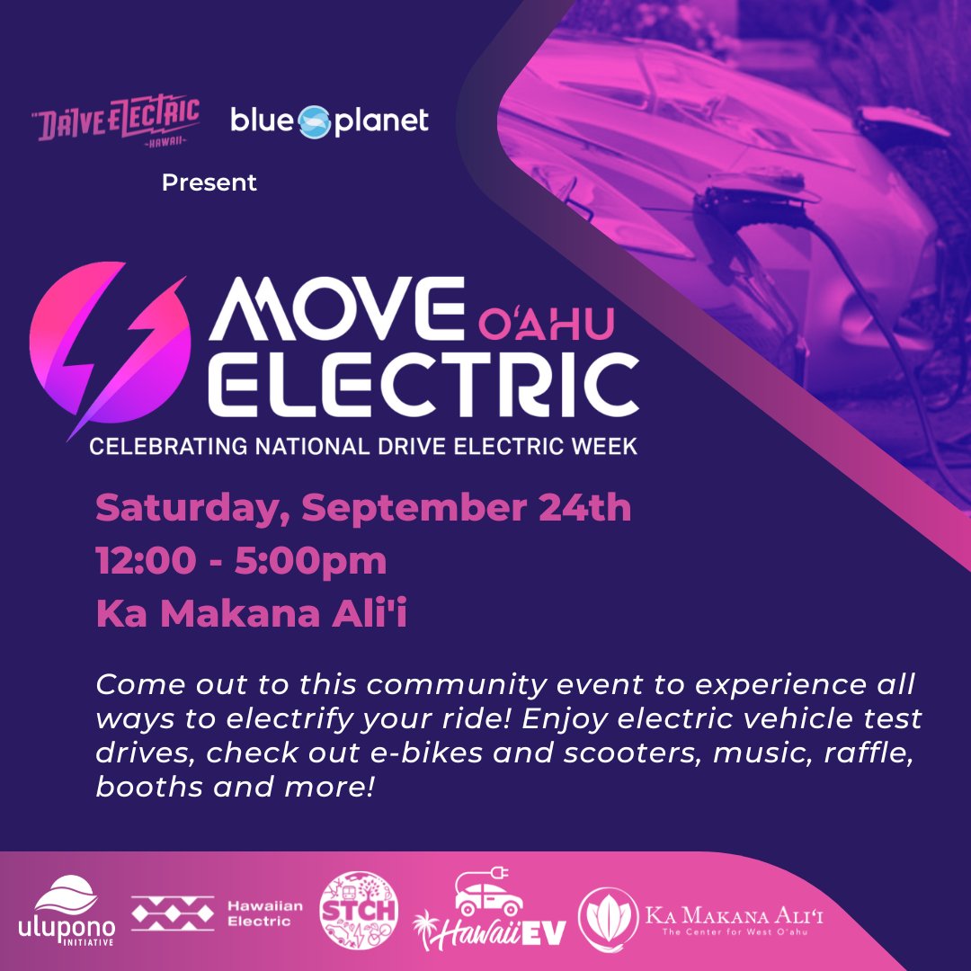 BluePlanetFoundation (@blueplanetfound) on Twitter photo Want to electrify your ride? 🛴🚲🛵🚙⚡️
Join us on Sat (9/24), 12-5pm at <a href="/KaMakanaAlii/">Ka Makana Alii</a> in Kapolei to learn about all the ways to move electric! Test drive EVs from BMW of Honolulu and <a href="/arcimoto/">Arcimoto ⚡</a>, check out the new electric Ford F-150 Lightning, enter our free raffle, and more! Want to electrify your ride? 🛴🚲🛵🚙⚡️
Join us on Sat (9/24), 12-5pm at <a href="/KaMakanaAlii/">Ka Makana Alii</a> in Kapolei to learn about all the ways to move electric! Test drive EVs from BMW of Honolulu and <a href="/arcimoto/">Arcimoto ⚡</a>, check out the new electric Ford F-150 Lightning, enter our free raffle, and more!