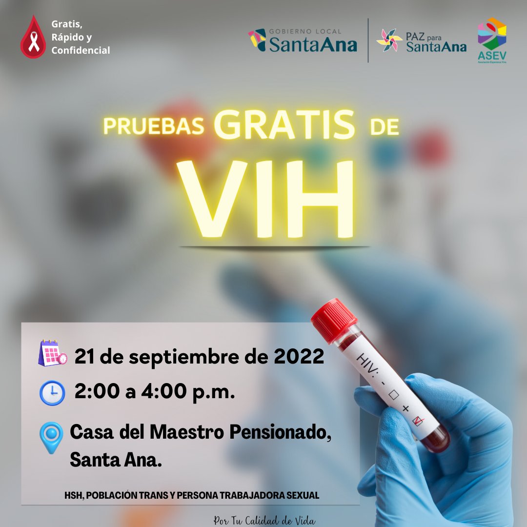AsevOficial's tweet photo. Pruebas Gratis de VIH 💉 este próximo 21 de septiembre en la Casa del Maestro Pensionado, Santa Ana. ☝🤓 @Municipalidad de Santa Ana 🙌Para inscripciones en el siguiente link 👇
https://t.co/GpT2SAsduN #PorTuCalidadDeVida #AsociaciónEsperanzaViva #VIHCR #PruebasGratis https://t.co/f4Pcn1CfyE